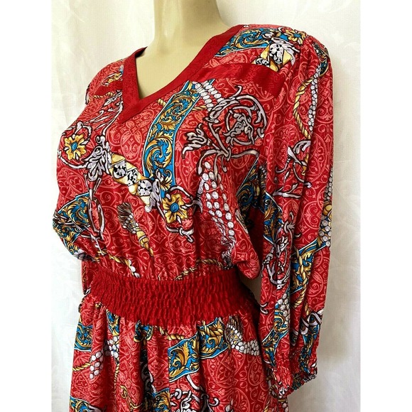 Diane Freis Silk Midi Dress Red Pearl Print 3/4 Sleeve V Neck Elastic Wa… - Picture 3 of 7